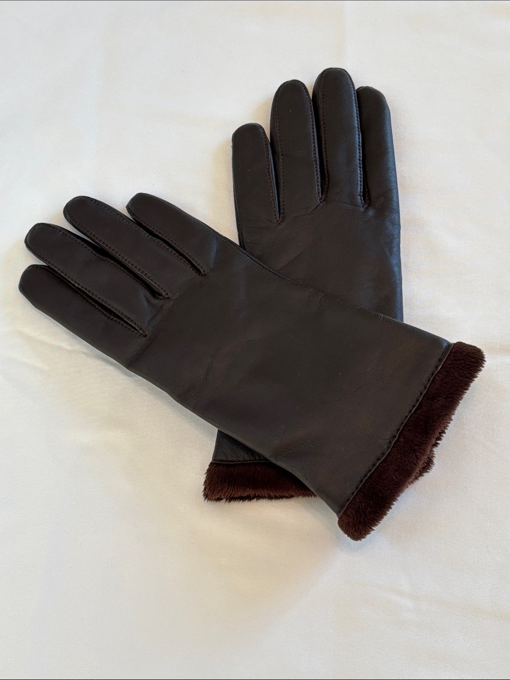 Women's Brown Leather Gloves with Faux Fur Cuff
